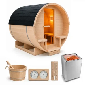 Sauna ogrodowa beczka 220x240cm z piecem elektrycznym 12kW