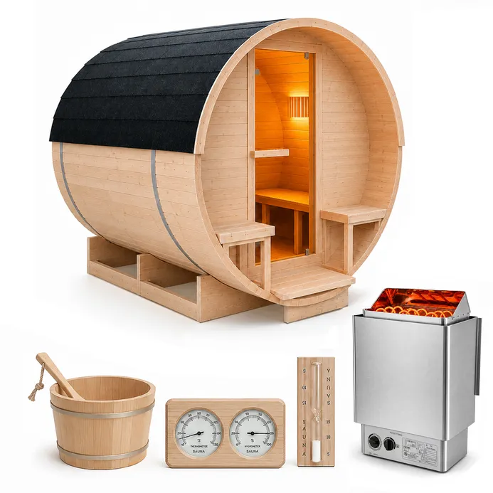 Sauna ogrodowa beczka 220x240cm z piecem elektrycznym 9kW
