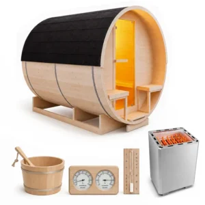 Sauna ogrodowa beczka 220x330cm z piecem elektrycznym 18 kW i przedsionkiem