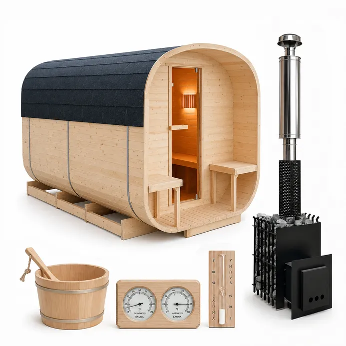 Sauna ogrodowa z piecem na drewno 220x340cm z przedsionkiem kwadratowa