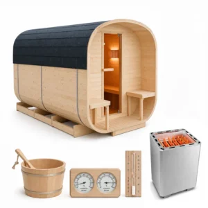 Sauna ogrodowa kwadratowa 220x340cm z piecem elektrycznym 18kW i przedsionkiem