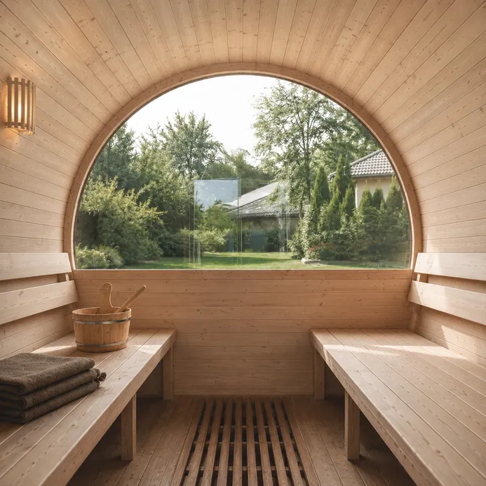 Sauna ogrodowa beczka 220x330cm z przedsionkiem - bez pieca widok wewnątrz