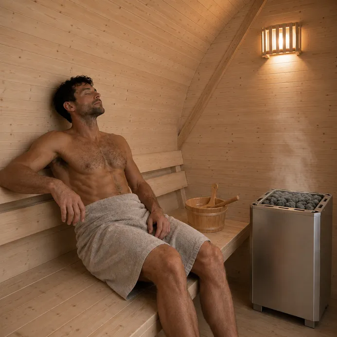sauna beczka z piecem elektrycznym 12kW w środku z mężczyzną