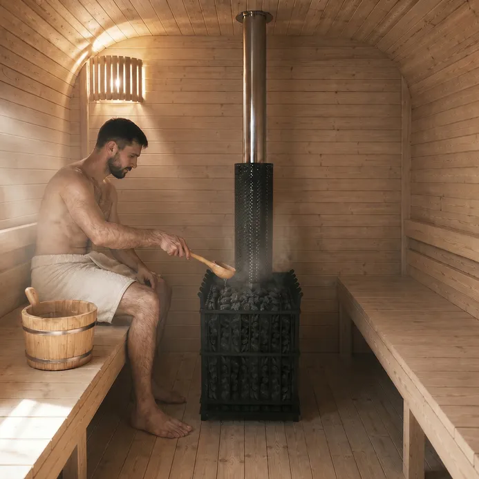 Sauna ogrodowa na drewno mężczyzna w środku