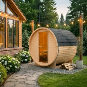 Sauna ogrodowa beczka 200x200cm z piecem elektrycznym 12kW w ogrodzie