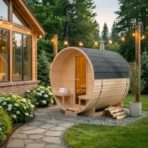 Sauna ogrodowa beczka 220x240cm z piecem elektrycznym 12kW w ogrodzie