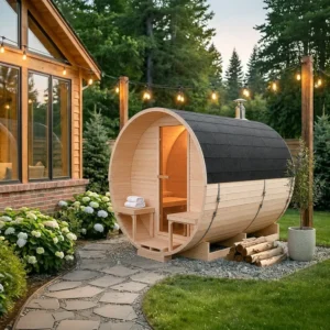 Sauna ogrodowa beczka 220x330cm z piecem elektrycznym 18 kW i przedsionkiem w ogrodzie