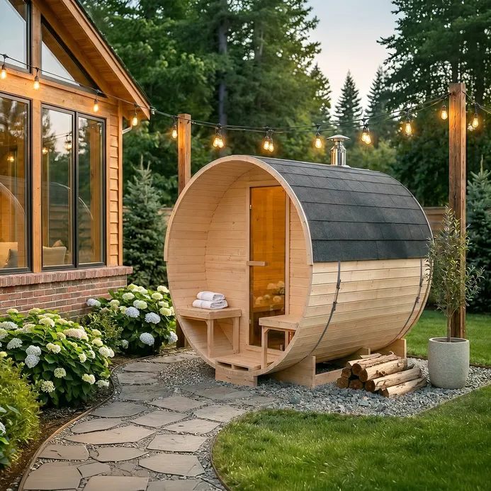 Sauna ogrodowa beczka 220x240cm z piecem elektrycznym 9kW w ogrodzie