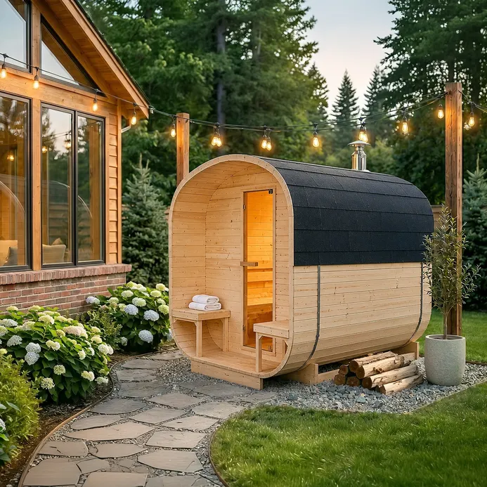 Sauna ogrodowa kwadratowa 220x240cm z piecem elektrycznym 12kW na tarasie