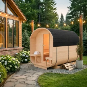 Sauna ogrodowa kwadratowa 220x340cm z przedsionkiem - bez pieca w ogrodzie