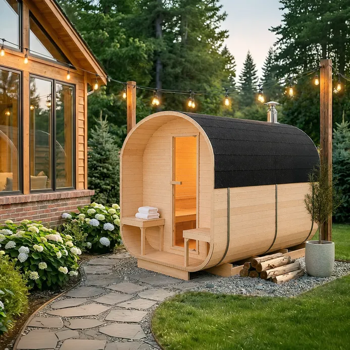 Sauna ogrodowa z piecem na drewno 220x340cm z przedsionkiem kwadratowa
