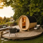 Sauna ogrodowa beczka 200x200cm z piecem elektrycznym 12kW na tarasie