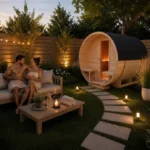 Sauna ogrodowa beczka 220x240cm z piecem elektrycznym 12kW para ludzi