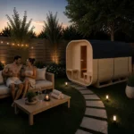 Sauna ogrodowa kwadratowa 220x340cm z piecem elektrycznym 18kW i przedsionkiem para ludzi