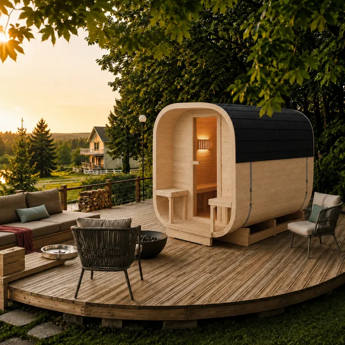 Sauna ogrodowa z piecem na drewno 220x240cm - kwadratowa na tarasie