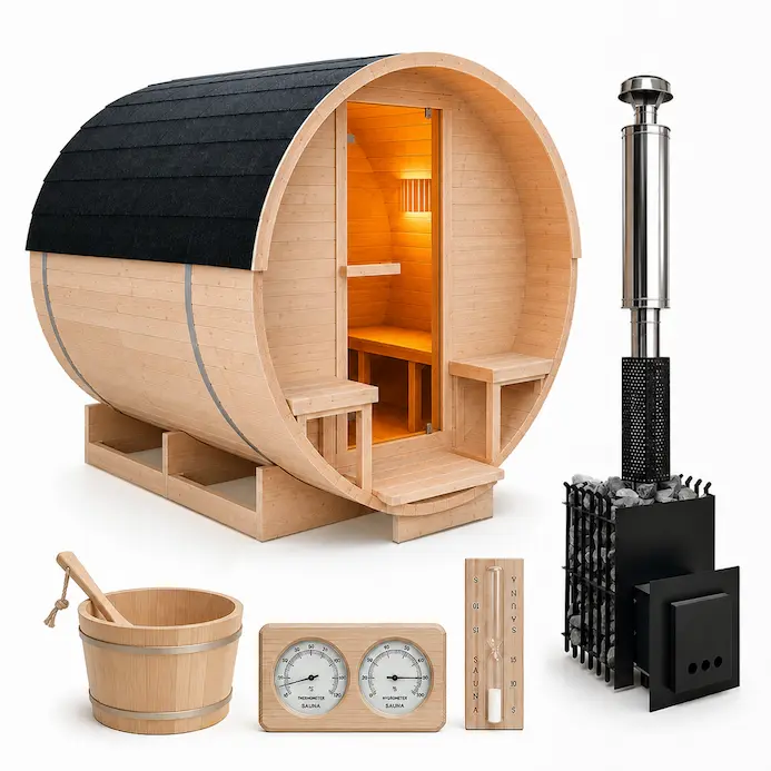 Sauna ogrodowa z piecem na drewno 220 × 240 cm z przedsionkiem Techglobe