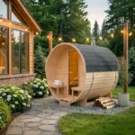 Sauna ogrodowa z piecem na drewno 220 × 240 cm z przedsionkiem Techglobe