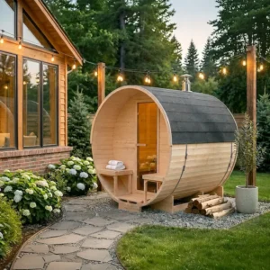 Sauna ogrodowa z piecem na drewno 220 × 240 cm z przedsionkiem Techglobe