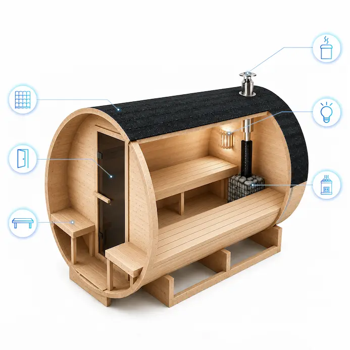 Sauna beczka rozmieszczenie w srodku