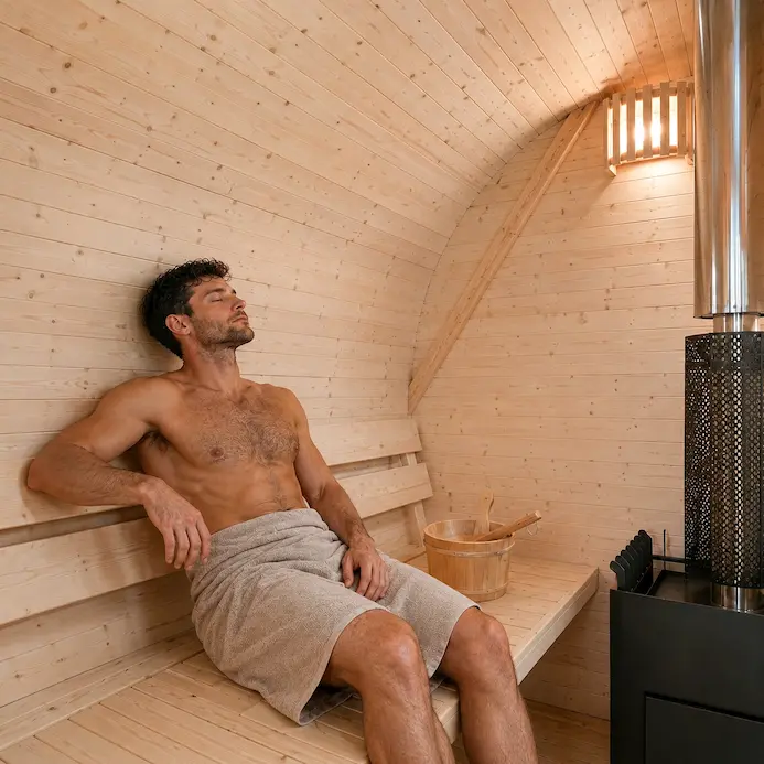 Sauna ogrodowa z piecem na drewno wnętrze